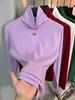 Luxurious Women's Coffee Velvet High-Neck Top: Stylish, Age-Reducing, Fleece-Lined, Warm, Solid Color.