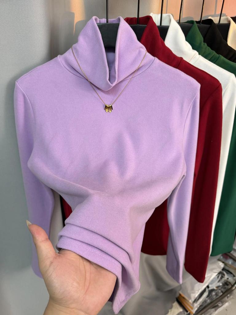 Luxurious Women's Coffee Velvet High-Neck Top: Stylish, Age-Reducing, Fleece-Lined, Warm, Solid Color.