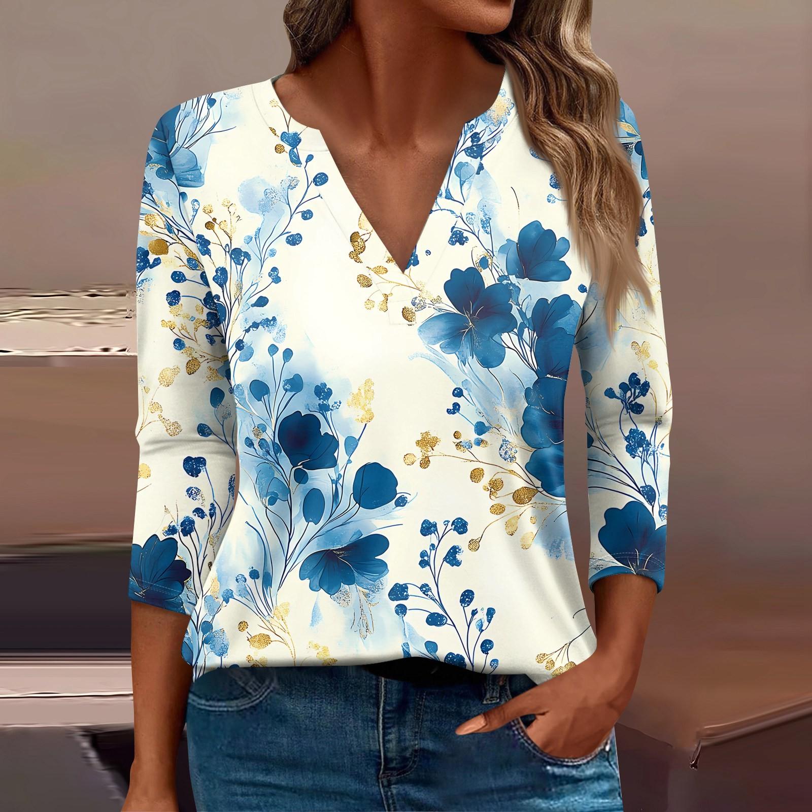 

Женская футболка Футболка с принтом Рукав 3/4 Повседневные Выходные Мода Базовый V-образный вырез Обычный топ L синий