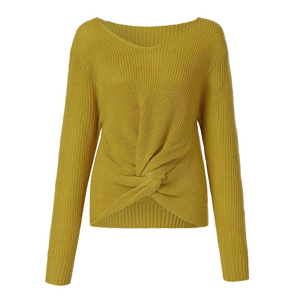 Women Long Sleeve Solid Color V-neck Sexy Cross Knotted Panel Sweater 