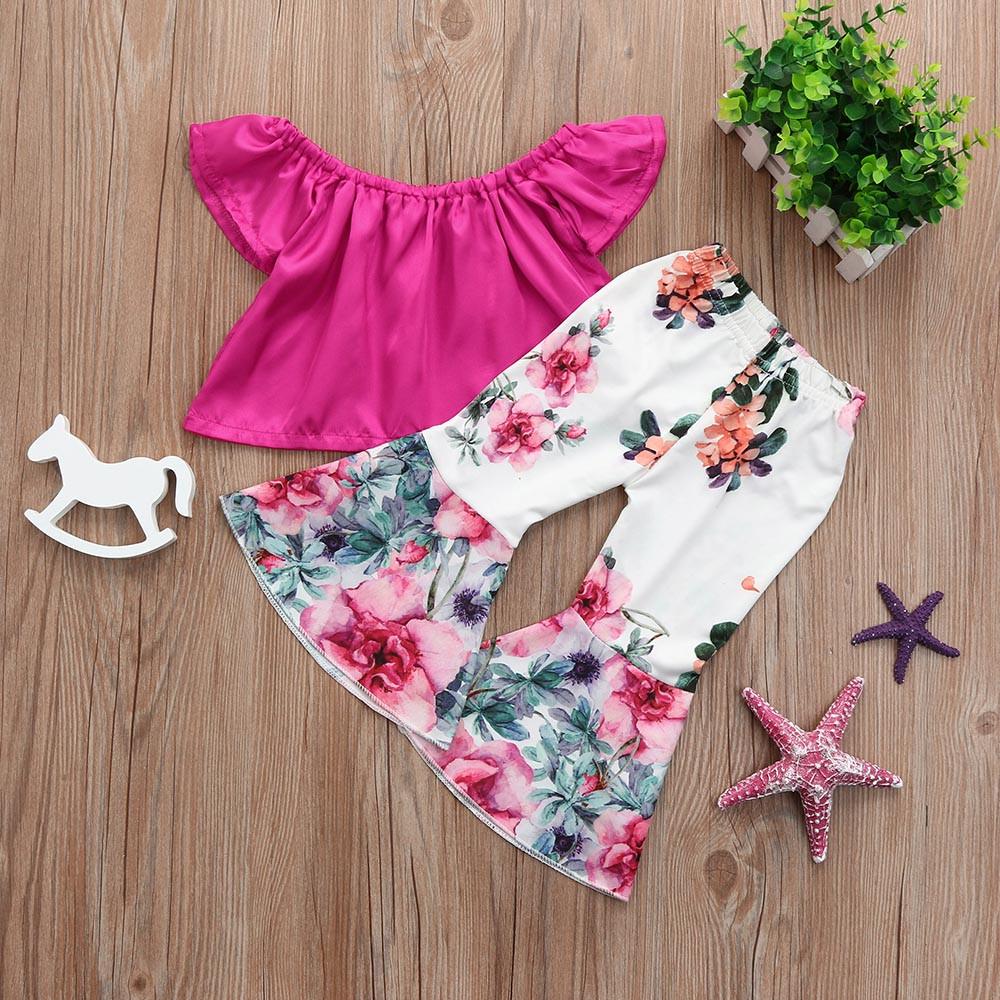 2Pcs Toddler Baby Kids Girls Solid Off Shoulder Tops+Floral Pants Set Outfits