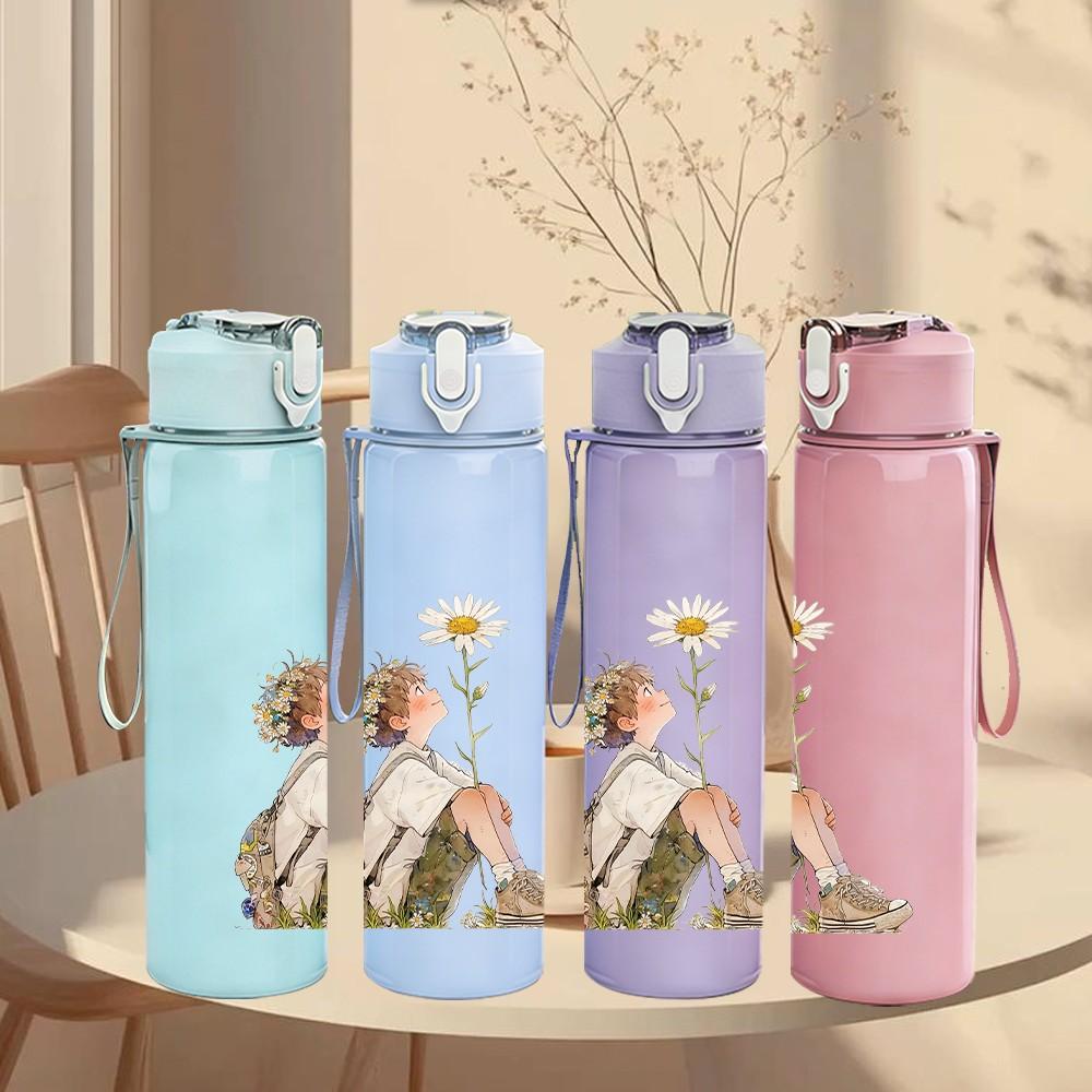 1PC Retro Girl Relax Graffiti Print 750ml Color Plastic Sports Water Bottle Leakproof Flip Straw Lid Suitable for Sports Office Home Use
