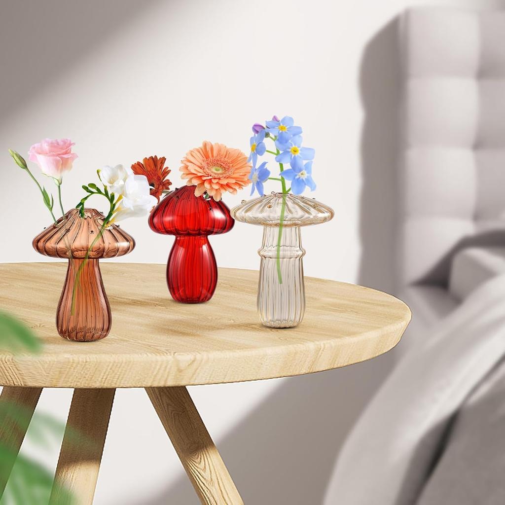 FQQWEE 4 Pack Creative Mushroom Glass Bud Vase Mushroom Shaped Vases for Flowers Clear Hydroponic Flower Pots Coloured Flower Vase Plant Containers