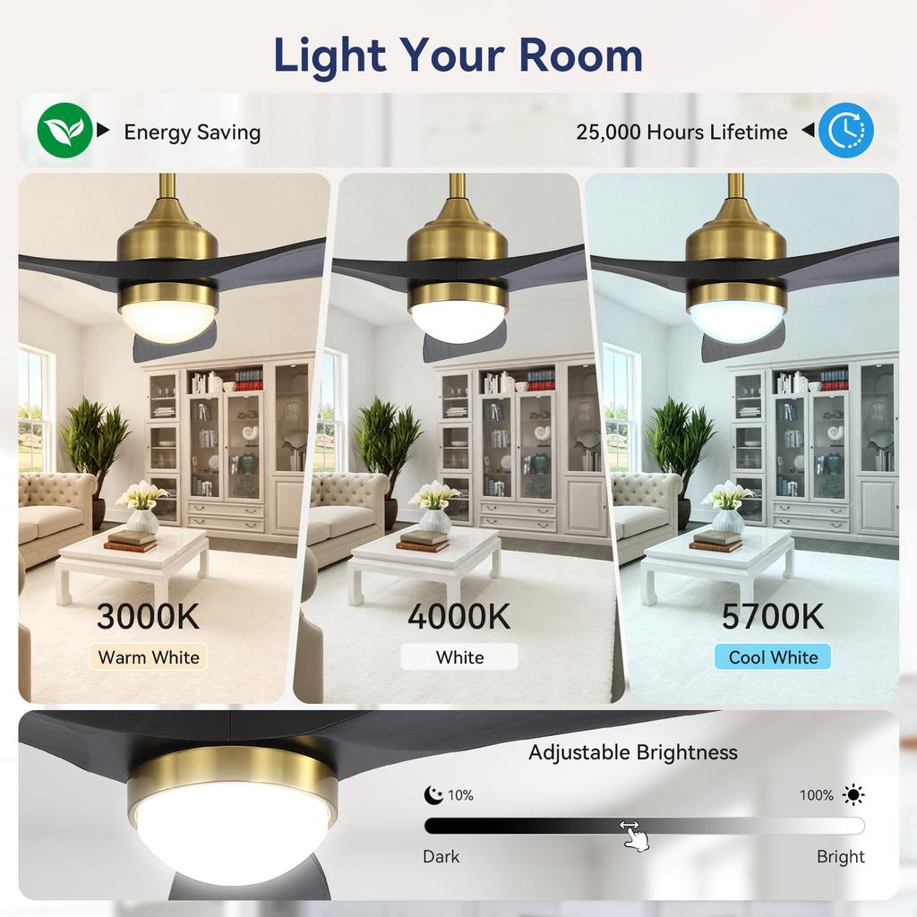 52-inch ceiling fan with LED light, dimmable, DC motor, timer function (1/4/8 h), 6 speed levels