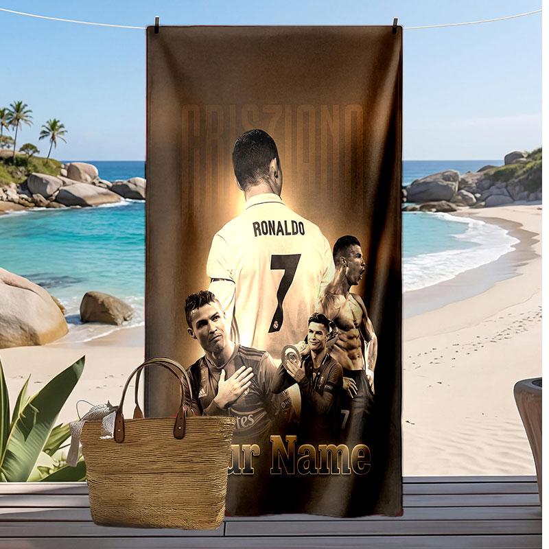 Asciugamano da Spiaggia Personalizzato Stampato Cristiano Ronaldo Logo Calcio Supporto Nome Personalizzato Testo Asciugamano Assorbente Per Sport Viaggio Regalo Speciale