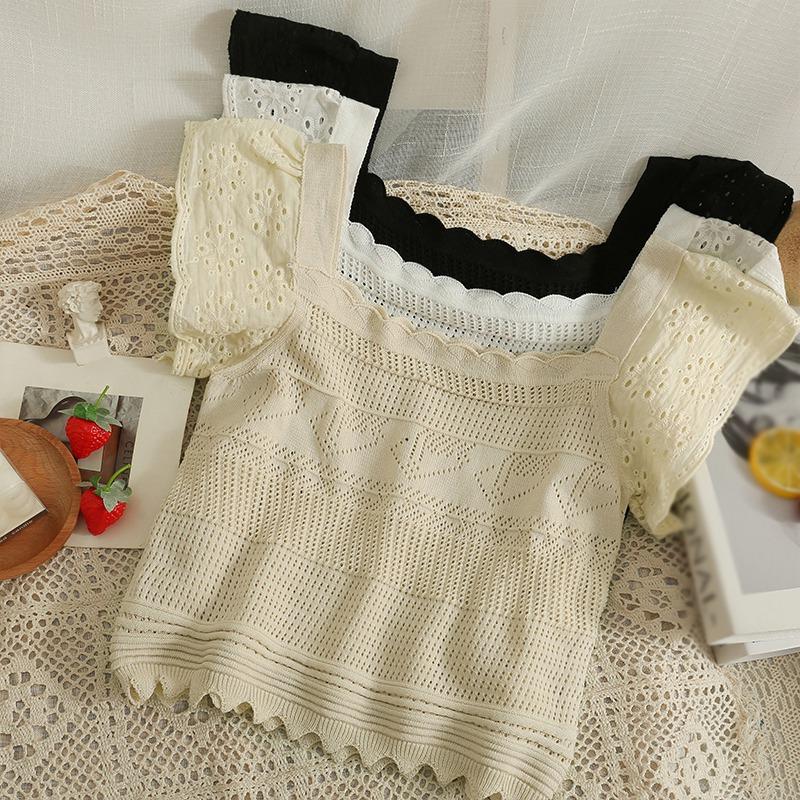 Women's Tops Solid Color Hollowed Out Sweet Square Neck Short Sleeve T-shirt