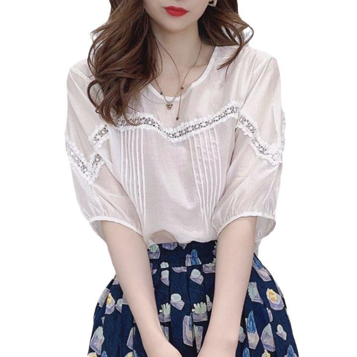 2024 Retro Lace Splicing Casual Short Sleeve Women's French Top
