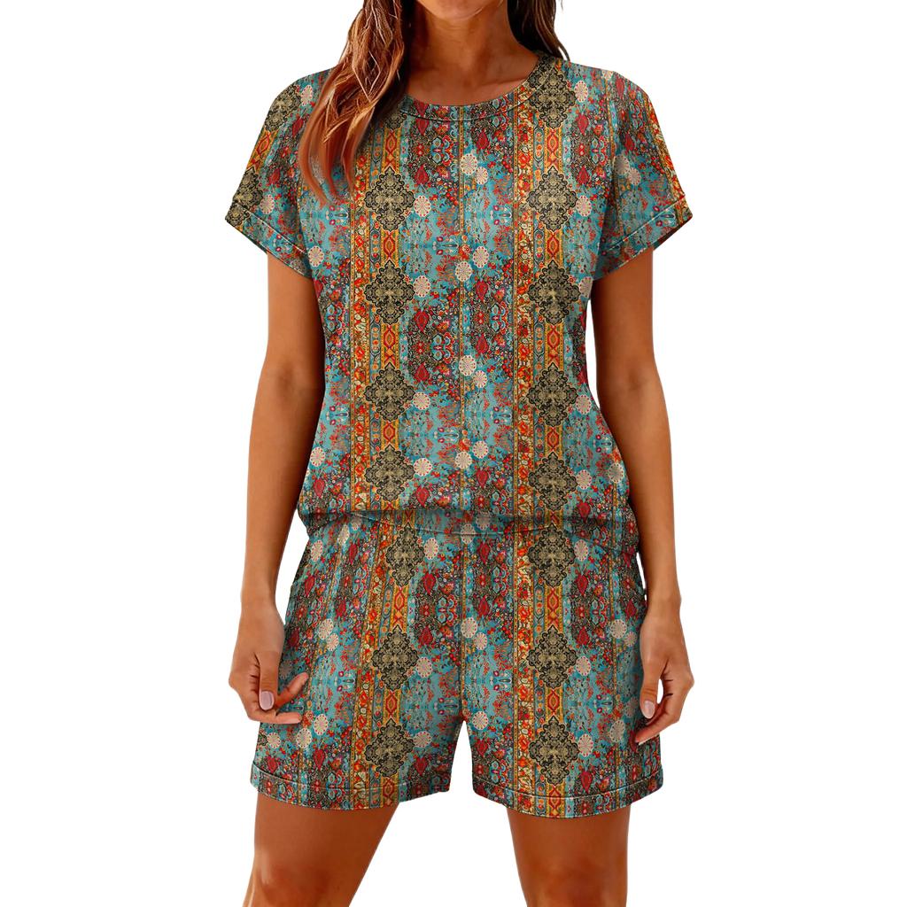 Women's Casual And Comfortable Floral-Print Short-Sleeve Set With Pockets