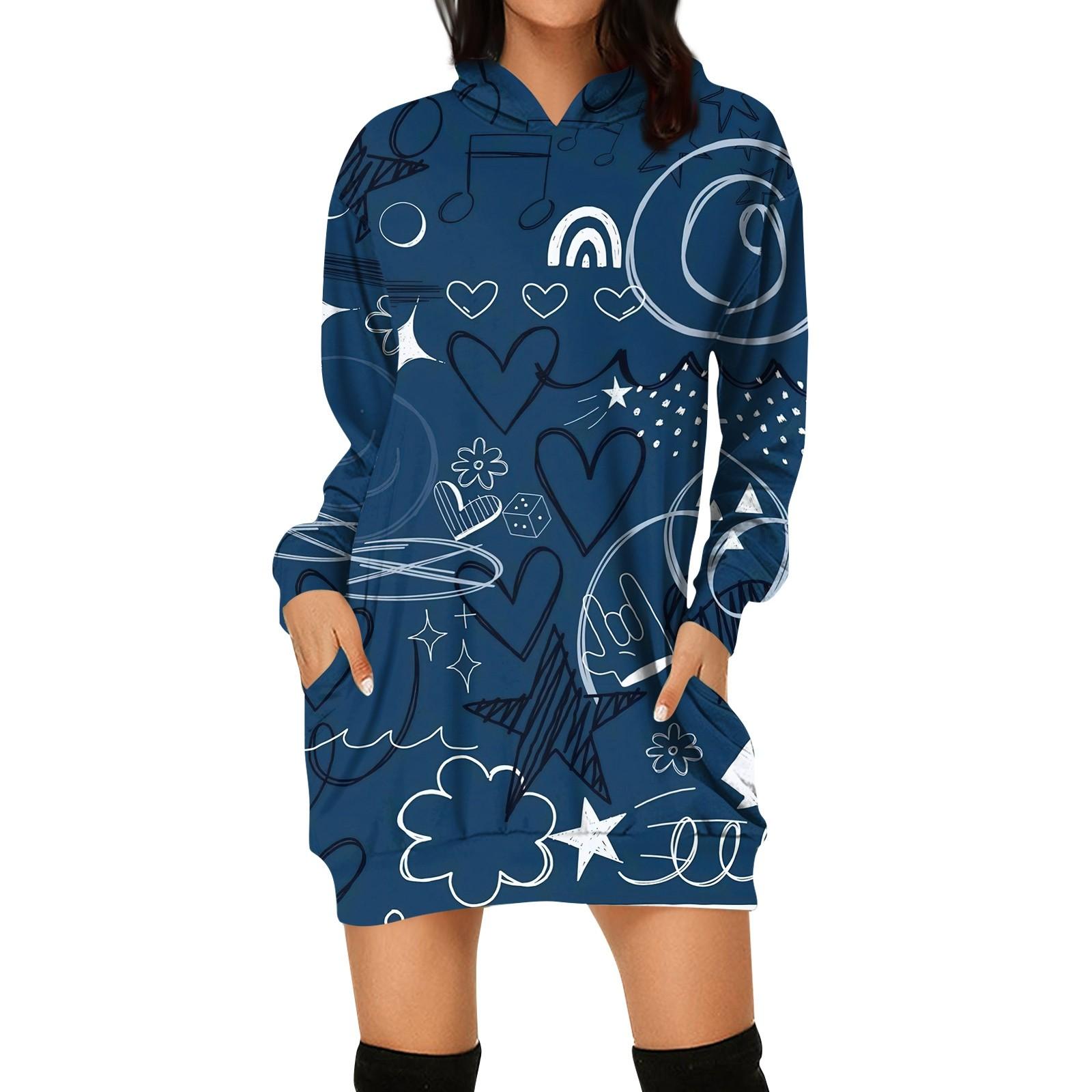 

Женская мода свободный повседневный карман с длинным рукавом толстовка с принтом свитшот XL синий