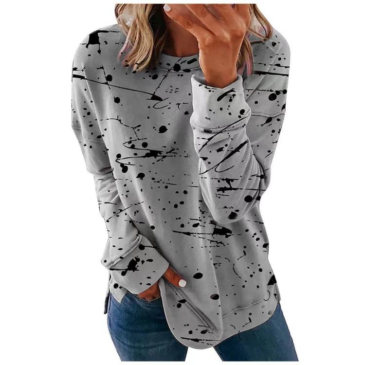 Loose Round Neck Plus Size Women Printed T-Shirt Sleeve Long for Tee S серый