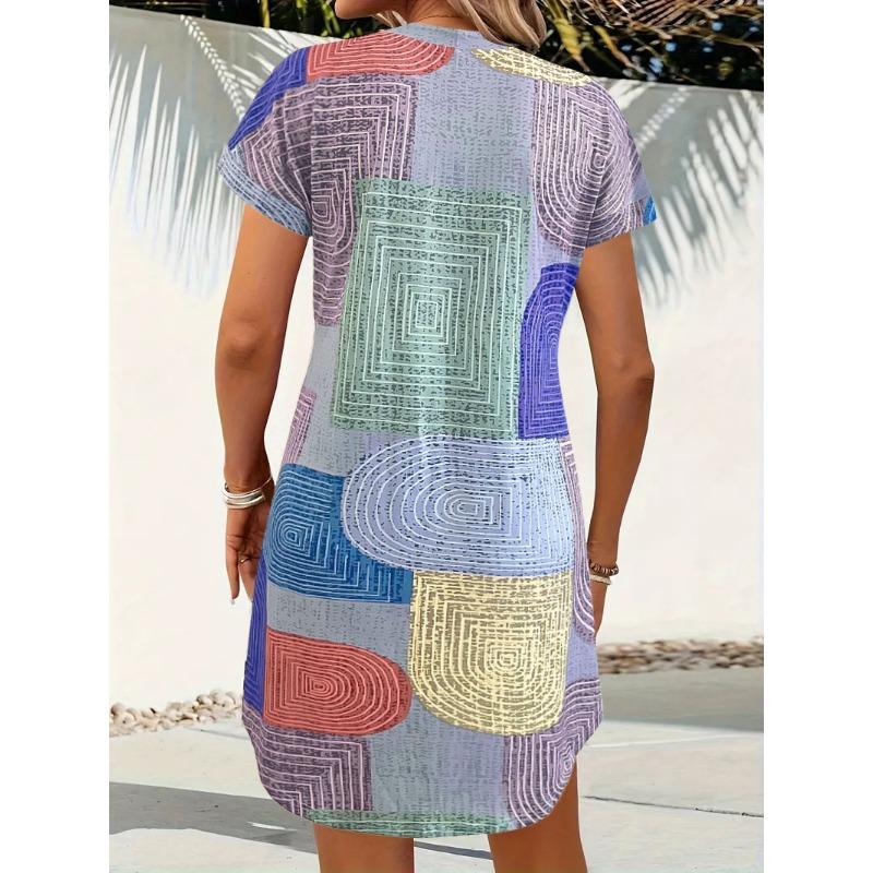 JKASHDK Dámské letní a jarní barevné bloky s potiskem, krátkým rukávem, výstřihem do V, volným pasem a ležérními šaty