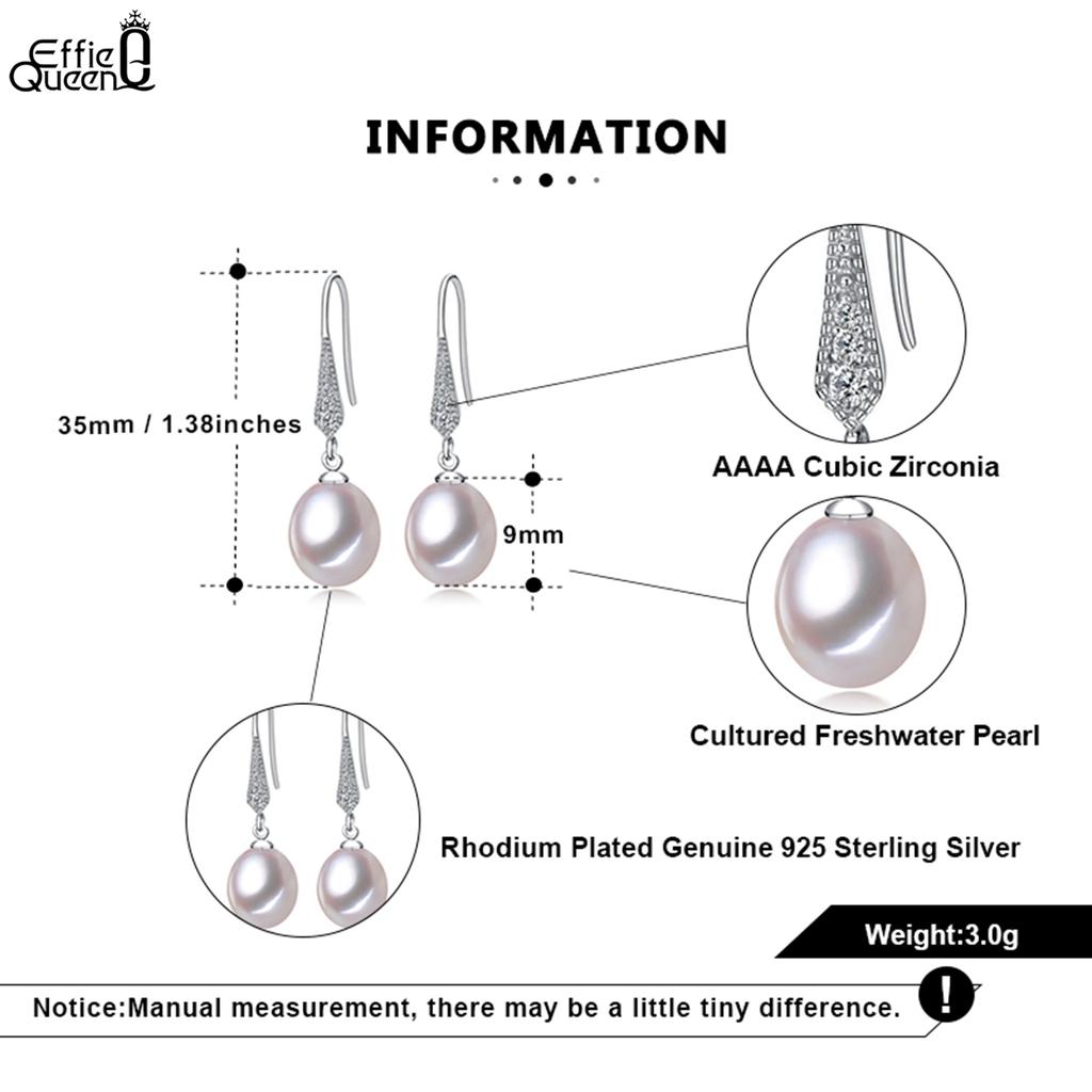 Effie Queen 925 Pure Silver Oval Freshwater Pearl Dangle Earrings WithZirconia Fine Jewelry for Women Banquet Party Gift GPE01