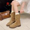 Comemore Suede Western Stacked Boots Women Chunky Heeled Mid-calf Boots Women Spring Autumn Shoes Solid Retro Botas