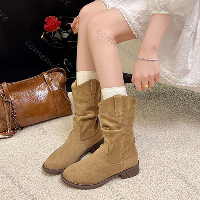 Comemore Suede Western Stacked Boots Women Chunky Heeled Mid-calf Boots Women Spring Autumn Shoes Solid Retro Botas