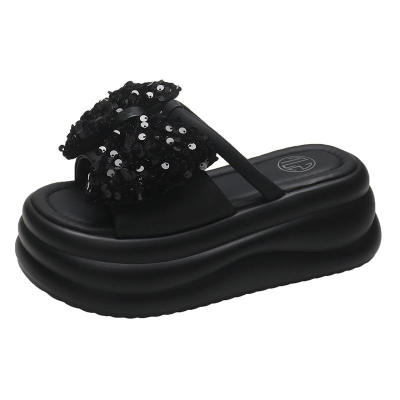 

Bow sequined platform slippers 2025 spring and summer new fashion round head word beach cool outer slippers women 33 чёрный