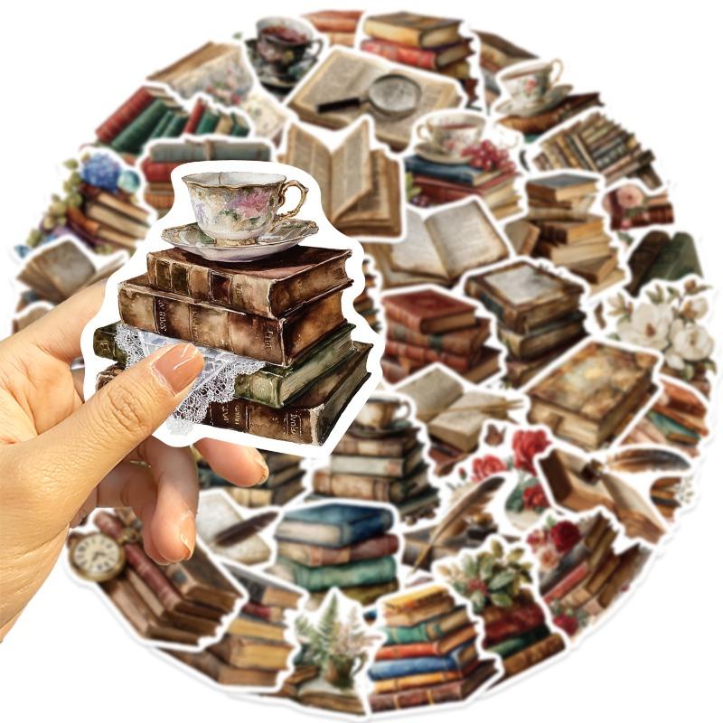 50 Pieces of Cartoon Retro Book Reading Cover Stickers for Decorating Phone Cases. Skateboard Waterproof PVC Stickers.