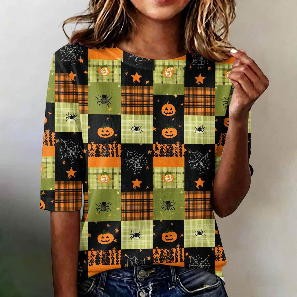 Women's Casual Loose Fit Half Sleeve Top Round Neck Lightweight Comfortable Halloween Pumpkin Print Shirt for Everyday Wear