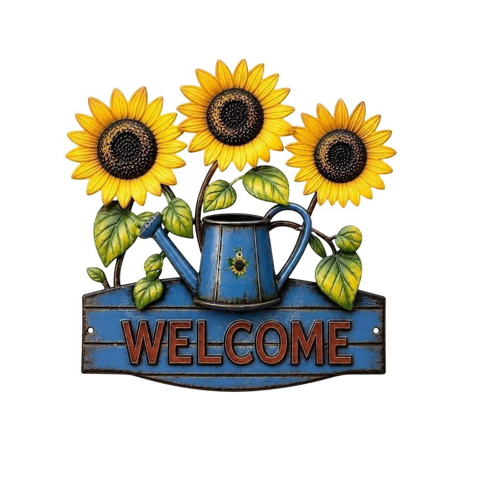 Metal Sunflower Wall Decor with Watering Can and Welcome Sign Garden Hanging Ornament Indoor Outdoor Wall Art