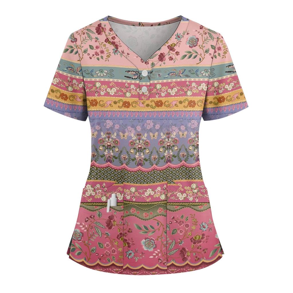 Women's Loose Short Sleeved Fashionable Flowers And Plants Printing V-neck Buttonable Side Slit Top T-shirt