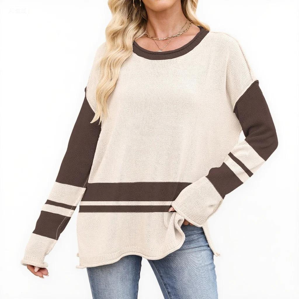 Women's Colorblock Round Neck Loose Casual Pullover Long Sleeve Sweater