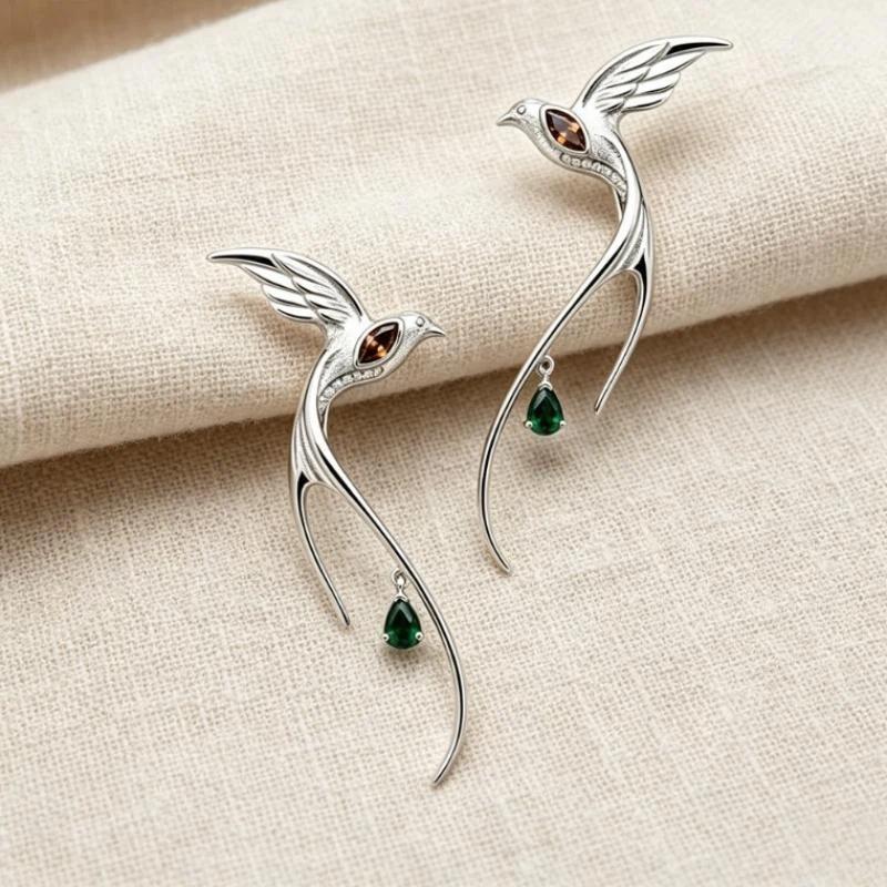 2Pcs High Polished Cold Tone Swallow Zircon Dangle Earrings Lightweight Fashion Women Jewelry for Office Wear