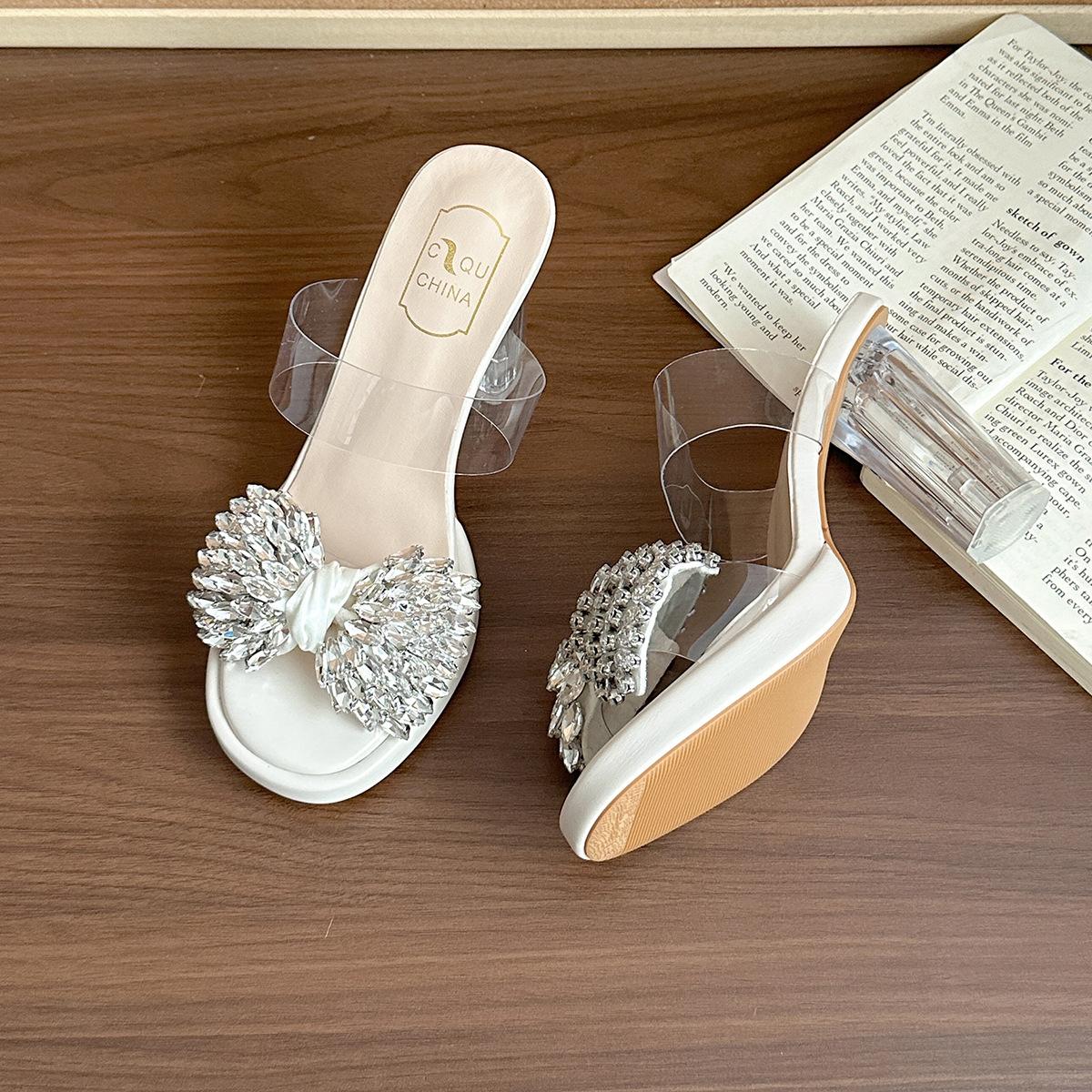 

2025 лето новые прозрачные квадратный носок бант туфли на высоком каблуке женские со стразами с открытым носком шпильки сандалии с юбкой 39