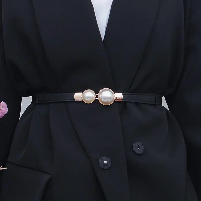Elegant Vintage Pearl Waist Chain Belts Women's Sweater Jacket Hooks Elastic Slim Fit Leather Belt