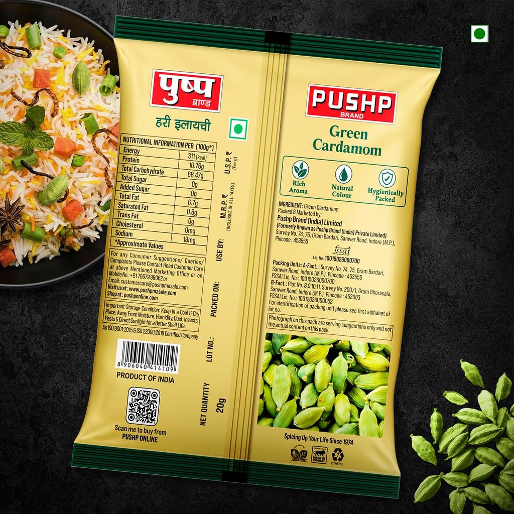 Pushp Green Cardamom Whole Elaichi 20 g Pack Of 1 Premium Sabut Hari Elaichi For Authentic Cooking Aroma And Natural Freshness