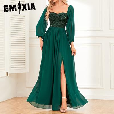 Elegant Multi-wear One-line Shoulder High Slit Lace-up Dress Full Lined Sequin Patchwork Chiffon Long Sleeve Dress Dress
