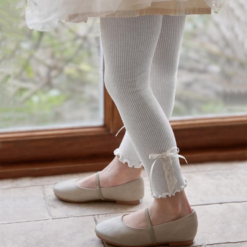 Spring Sweet Girls Tights Fine Stripe Design Ruffle Hem Ribbon Bow Leggings Comfortable Princess Kids Cropped Leggings