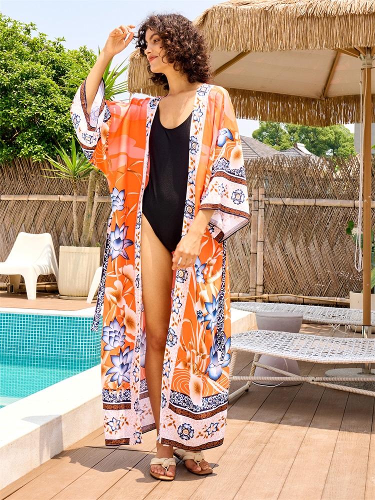 EDOLYNSA Bikini cu imprimeu boem Rochie kimono cu centură elegantă Tunica 2024 Vară Femei Marime mari Îmbrăcăminte de plajă Costum de baie acoperire Q996