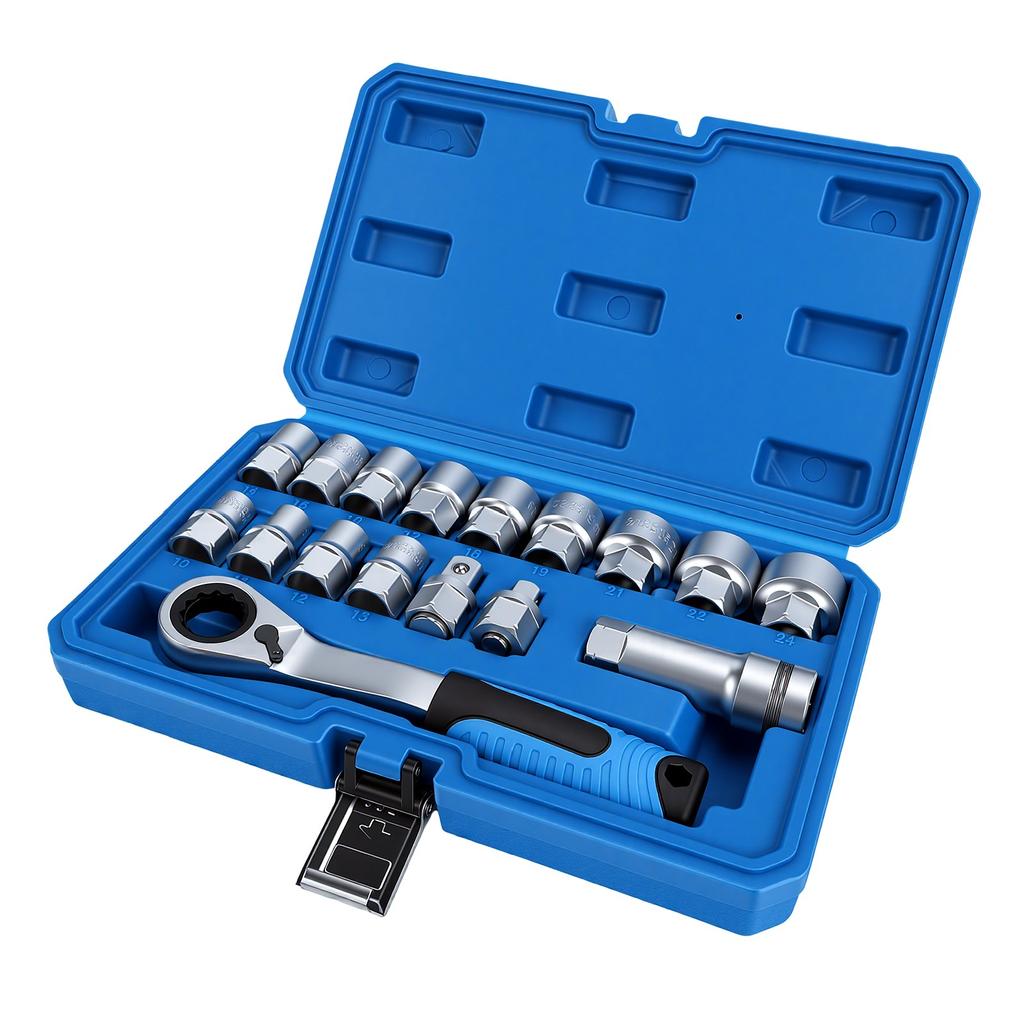 Σετ Κλειδιά Υποδοχής Διάτρητα 17τμχ 10-24mm 3/8" 1/2" Καρυδάκια με Κλειδί Καρέ Κλειδαριάς Διάτρητο για Επισκευές Αυτοκινήτων Μηχανικούς
