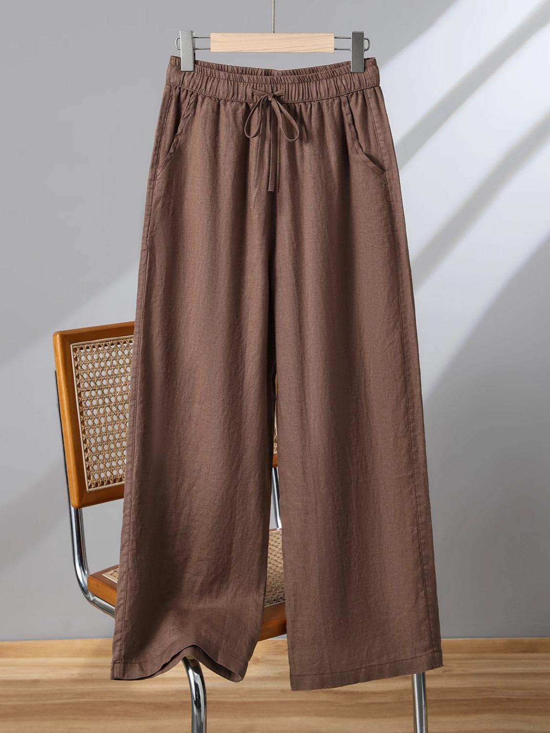 

Брюки с высокой талией и широкими штанинами, женская одежда в стиле дзен, осенние хлопково-льняные брюки длиной девять точек, драпирующиеся брюки для тай-чи большого размера, повседневные брюки XXXXL коричневый