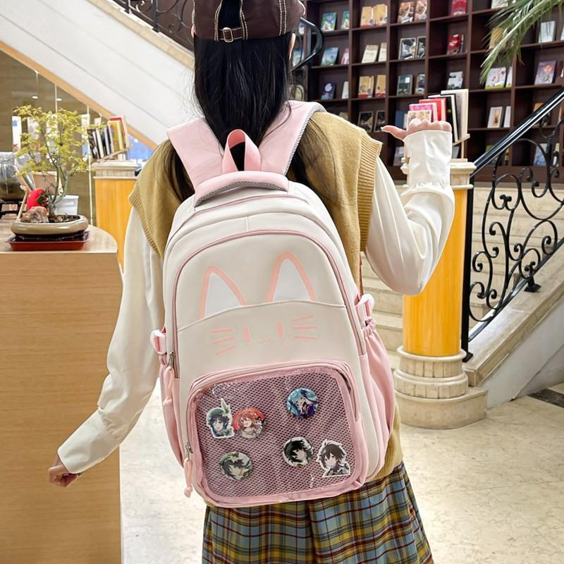 Cat Pattern Student Backpack With Transparent Compartment And Badge For Daily Use