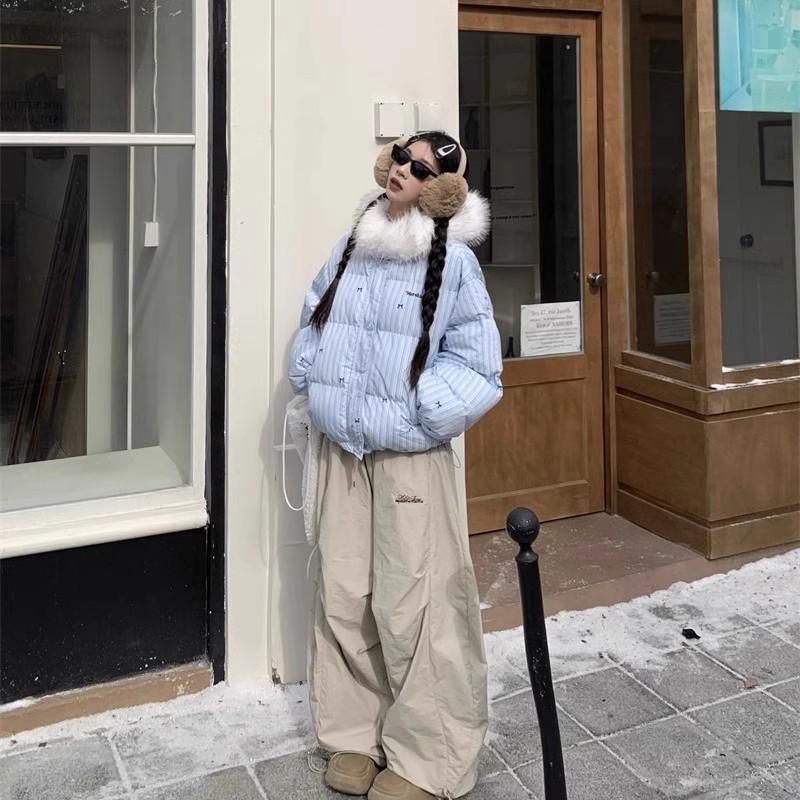 Designed Striped Bow Fur Collar Hooded Cotton Coat Thickened Petite Women's Cotton Coat