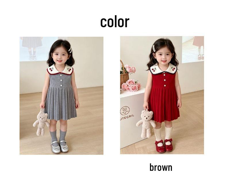 Red Cherry Blossom Knitted Sleeveless Dress for Girls - Spring/Autumn Style with Lapel