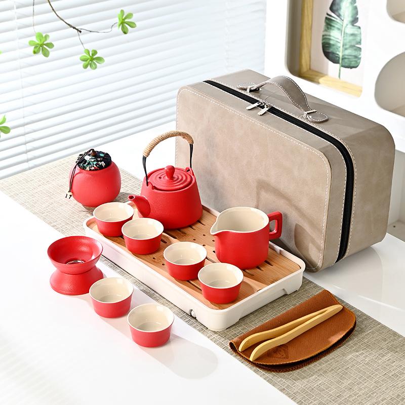 Black pottery beam pot travel tea set Outdoor leather bag storage bag Portable tea tray complete set Company gifts