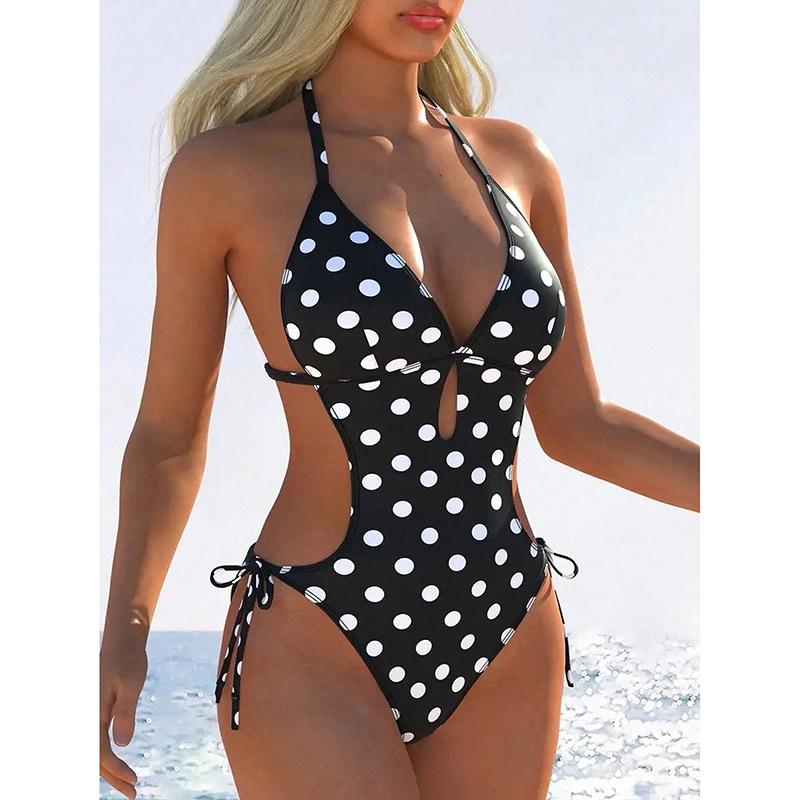 Seksowny czarny strój kąpielowy w kropki dla kobiet z wycięciem na plecach, wiązany z boku stringi bikini, kostium kąpielowy na wakacje, jednoczęściowy strój kąpielowy