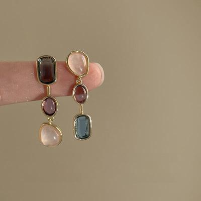Asymmetrical Vintage Gemstone Earrings with Silver Needle - Niche Design for Autumn/Winter