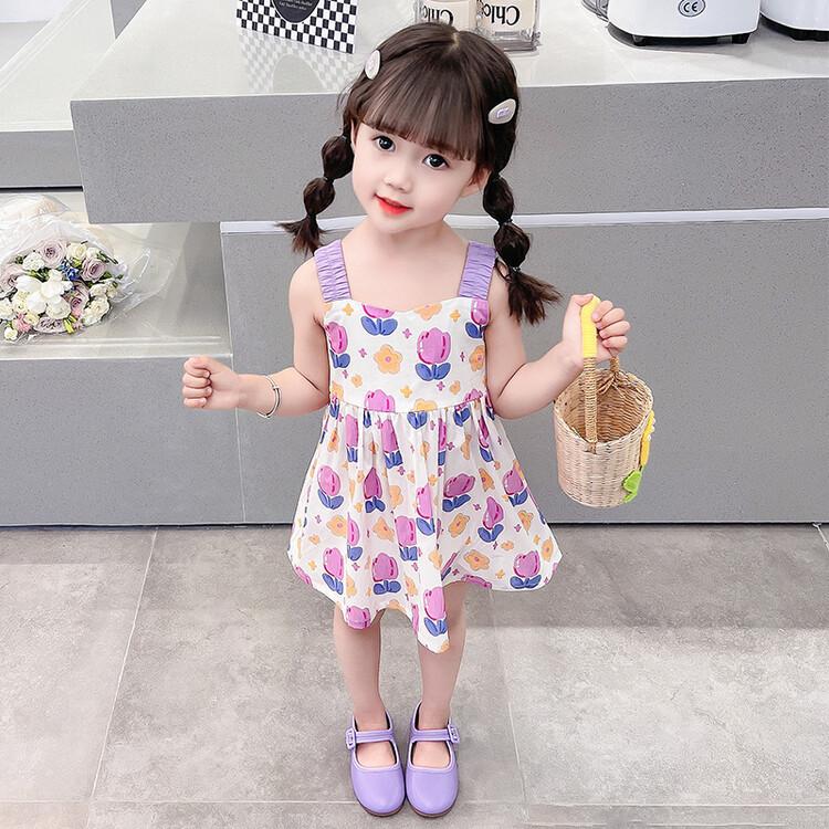 Toddler Girls Floral Print Spaghetti Strap Sundress, Back Big Bow Sleeveless Summer Kids Dress 2 Styles 100cm фиолетовый