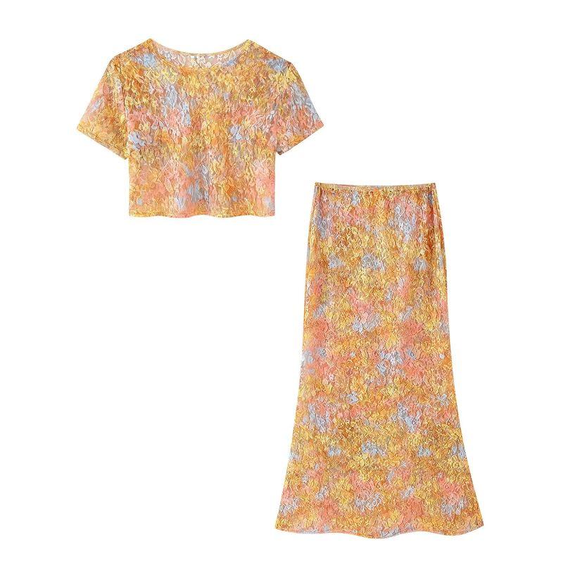 

Летняя Новинка Женская одежда круглый вырез короткий рукав кружевная печать приталенный короткий жакет + повседневные комплекты с длинной юбкой Pale yellow Suit L