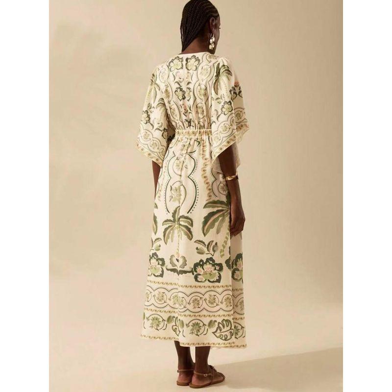 Amazon Vacation 2025 Summer New V-neck Fashion Loose Print High Waist Long Dress Women Dress