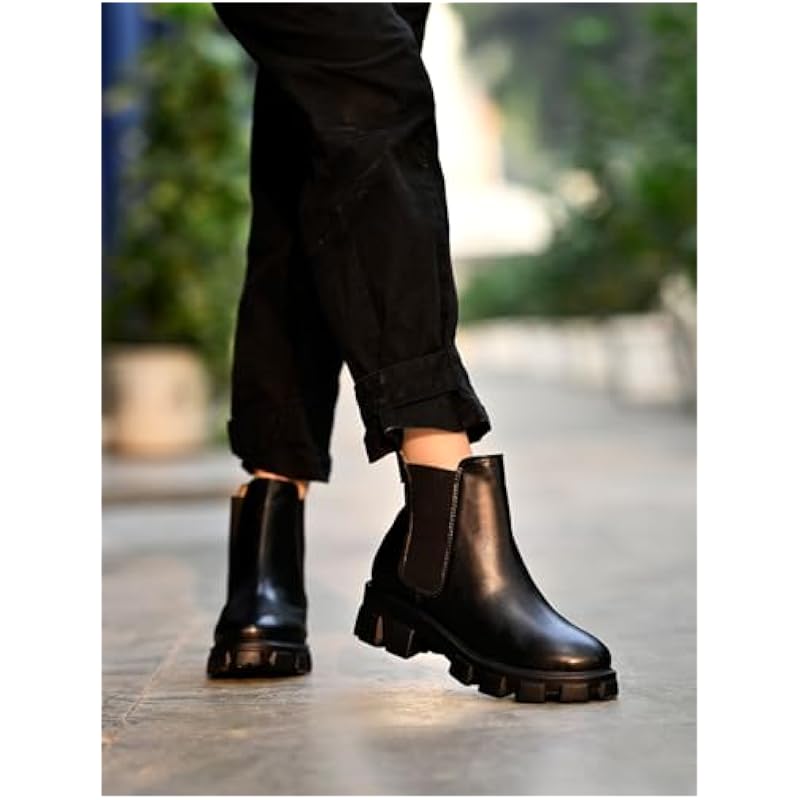 Women'S Chunky Chelsea Boots Black Ankle Booties With Lug Sole, Slip-On Elastic Side Panels, Stylish Fall/Winter Footwe