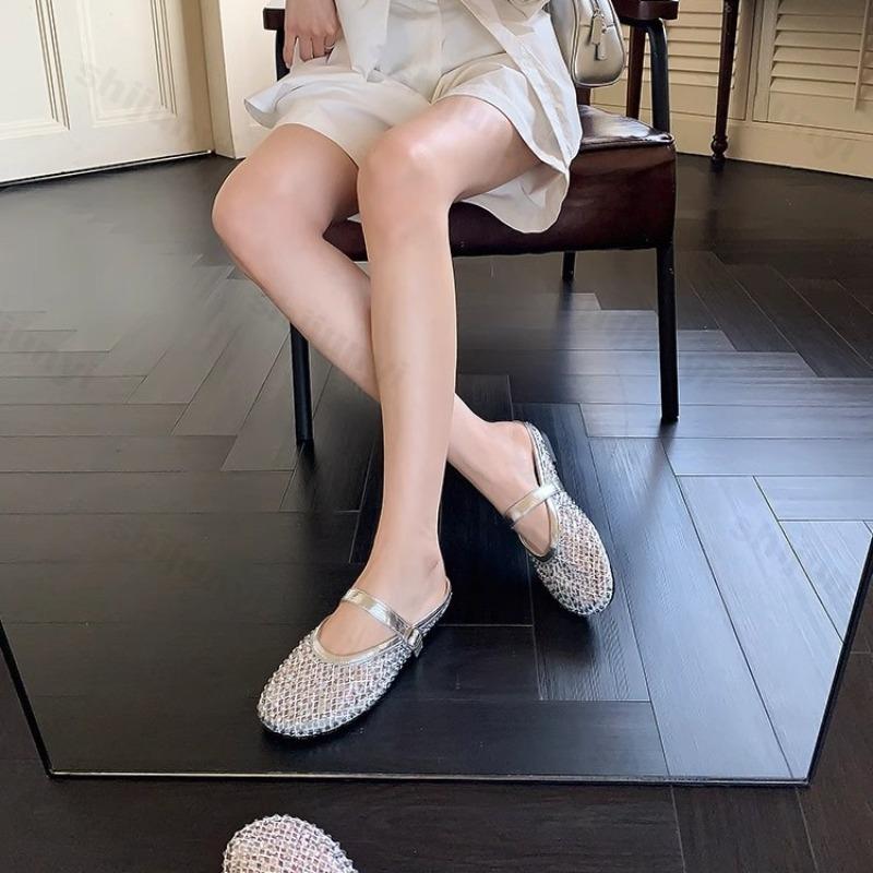 Fashion Bright Rhinestone Slippers Women's 2025 Summer New Mesh Breathable Elegant Temperament Sandals Comfortable Fashion Cool Shoes