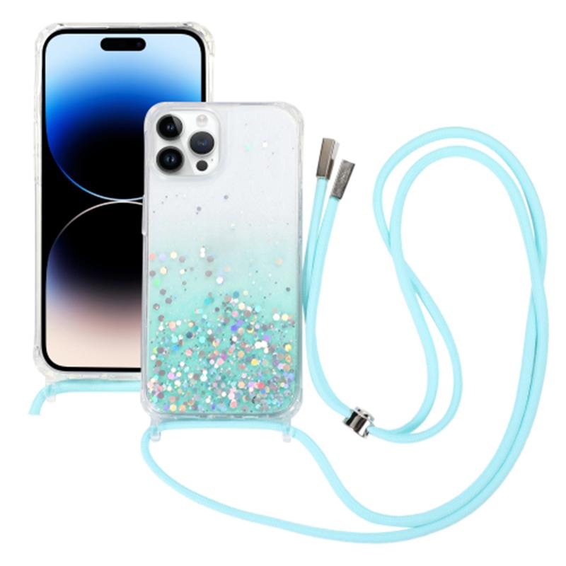 

Glitter Gradient Epoxy Anti-Scratch Phone Cover for iPhone 15 Plus Shockproof TPU Case with Slim Lanyard Baby Blue