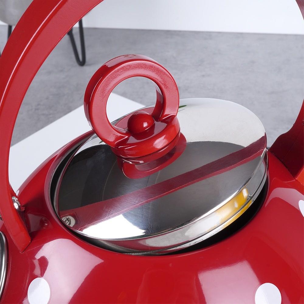 Orion 1.8L Red Polka Dot Stainless Steel Whistling Tea Kettle (1.5L Usable Capacity)