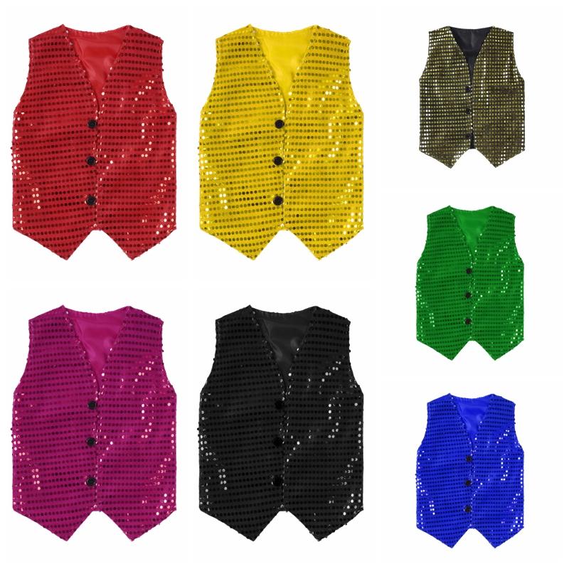 Boys Sequins Vest Sleeveless V Neck Button Closure Solid Color Stage Performance Dance Costume
