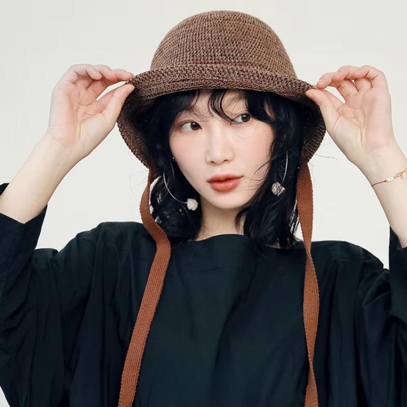 New Japanese Harajuku Lolita-Inspired Knit Bucket Hats Women Ribbon Bow Fisherman Caps Summer Lowy Tie Breathable Beach Sun Hat