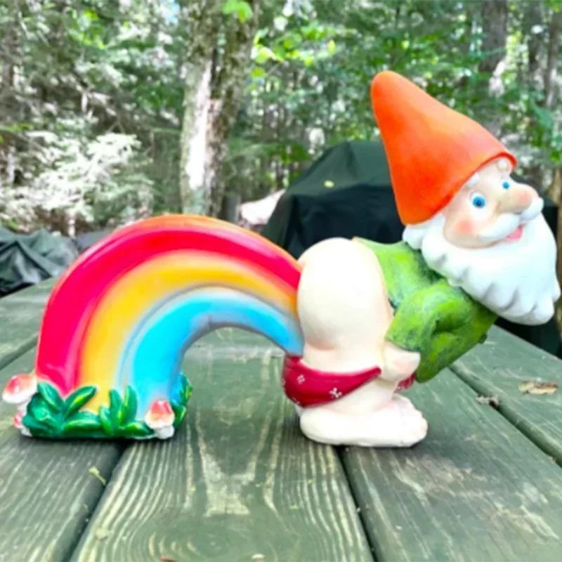 Lucky Garden Rainbow Fart Dwarf Gnome Micro Landscape Crafts Gnome Ornament Funny Dwarf Throw Up Statue Bonsai Home Decor
