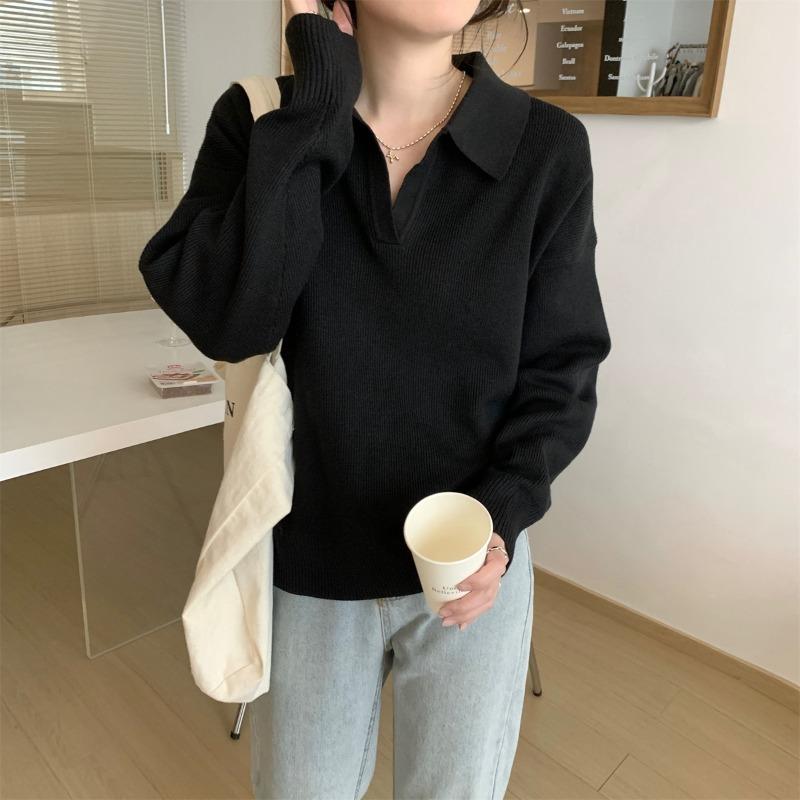 

Loose polo neck knitted sweater women s spring relaxation versatile top age-reducing inner bottoming shirt L чорний